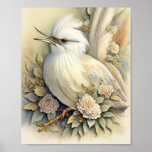 Schöner Vogeldruck Federn Sanfte Neutraltöne Rosen Poster