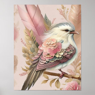 Schöner Vogeldruck rosa elfenbeinfarbene Federn Ro Poster