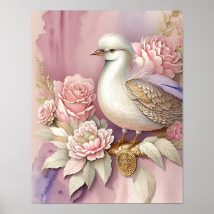 Schöner Vogeldruck rosa elfenbeinfarbene Federn Ro Poster