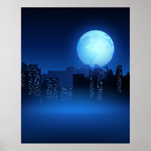 Schöner Vollmond in der Nacht auf der Stadtlandsch Poster