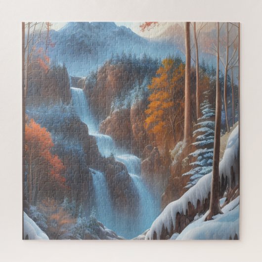 Schöner Wasserfall im Schneewald Puzzle (Vertikal)