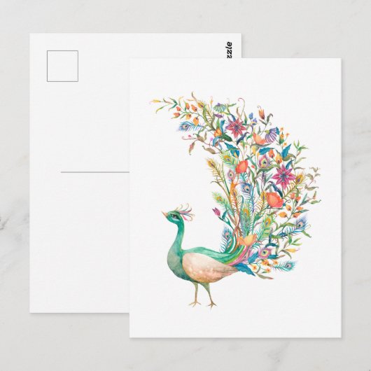 Schöner Wasserfarben-Grünpfau Postkarte (Vorne/Hinten)