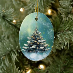 Schöner Weihnachtsbaum mit Schnee und goldenen Lic Keramik Ornament