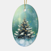 Schöner Weihnachtsbaum mit Schnee und goldenen Lic Keramik Ornament (Links)
