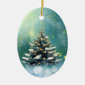 Schöner Weihnachtsbaum mit Schnee und goldenen Lic Keramik Ornament (Vorne)