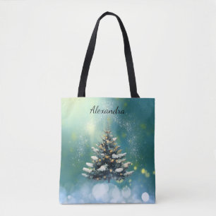 Schöner Weihnachtsbaum mit Schnee und goldenen Lic Tasche