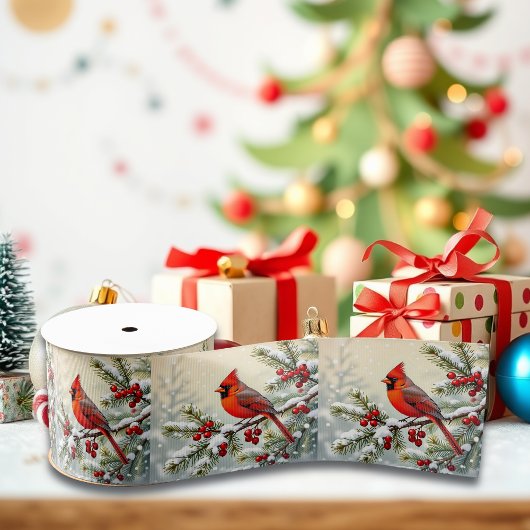 Schöner Weihnachtskardinal und Kiefernzweige Ripsband