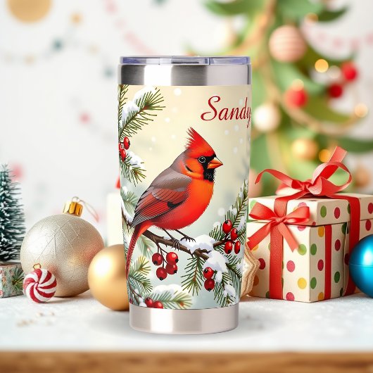 Schöner Weihnachtskardinal und Kiefernzweige Thermobecher
