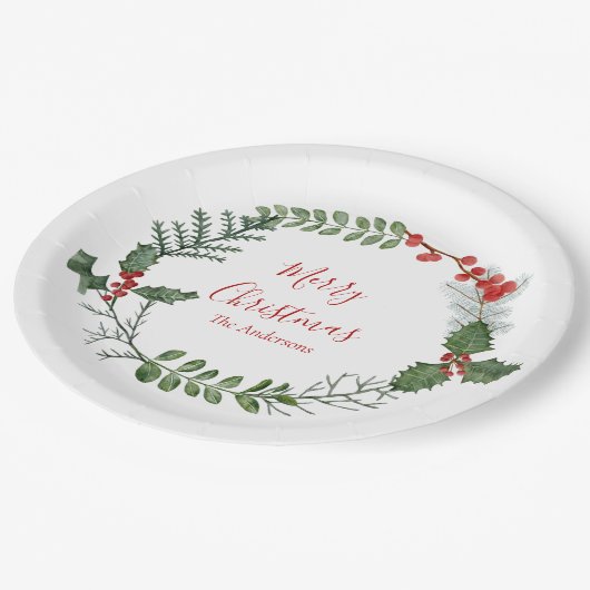 Schöner Weihnachtskranz in Rot und Grün Pappteller (Schrägansicht)