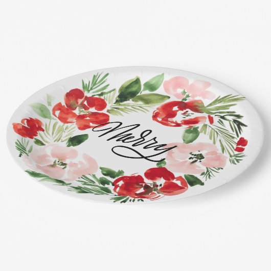 Schöner Weihnachtskranz in Wasserfarbe froh Pappteller (Schrägansicht)