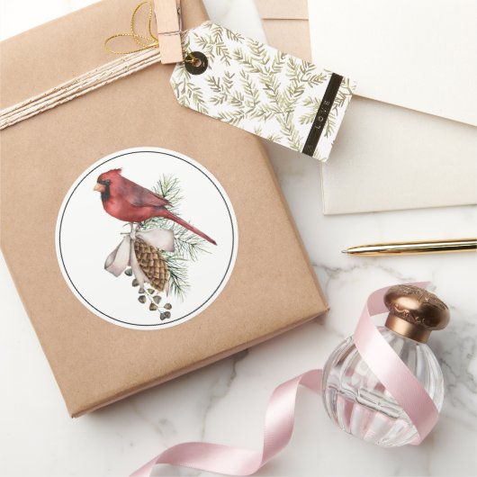 Schöner Weihnachtsmann-Kardinal mit Pine Cone Runder Aufkleber (Schenken)