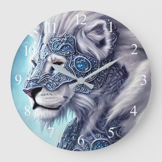Schöner weißer gepanzerter Kriegerlion Große Wanduhr (Vorderseite)