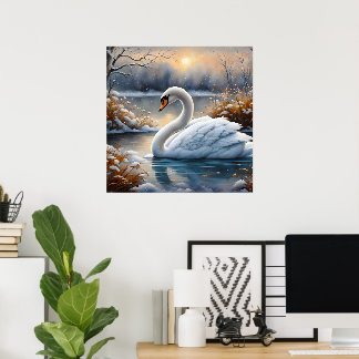 Schöner Weißer Schwan Auf Einem See Poster