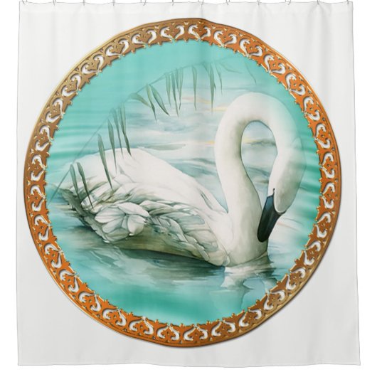 Schöner weißer Schwan in türkisblauem Wasser Duschvorhang (Vorderseite)