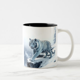 Schöner Weißer Tiger Auf Schnee Bedeckten Klippen Zweifarbige Tasse