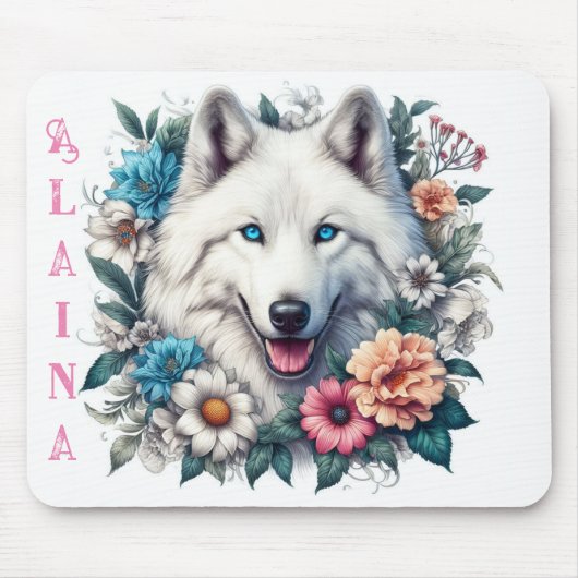 Schöner Weißer Wolf mit Blume Mousepad (Vorne)