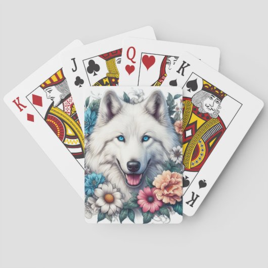 Schöner Weißer Wolf und Blume Spielkarten (Rückseite)