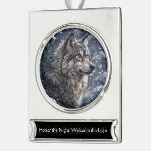 Schöner Wolf im Schnee Winter-Sonnenwende Banner-Ornament Silber