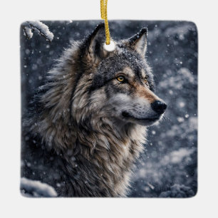Schöner Wolf im Schnee Winter-Sonnenwende Keramikornament
