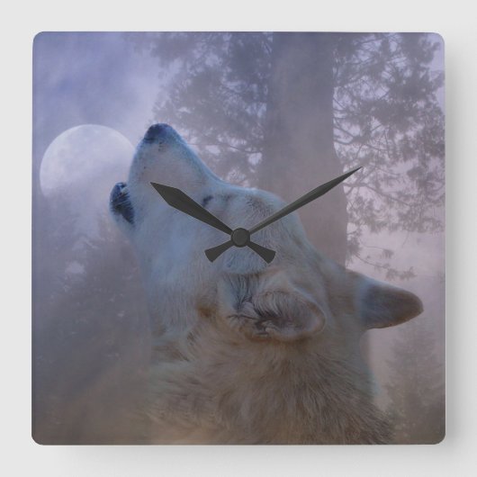 Schöner Wolf und Monduhr Quadratische Wanduhr (Vorderseite)