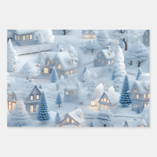 Schönes 3D-Weihnachtsdorf Geschenkpapier Set