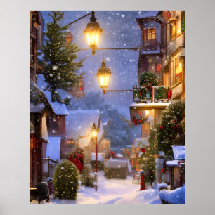 Schönes altes Dorf zu Weihnachten mit Schnee Poster
