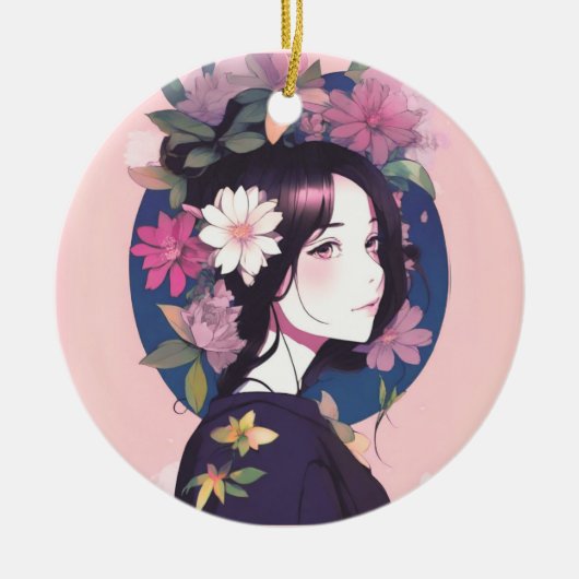Schönes Anime Girl gekrönt mit Blume Keramik Ornament (Vorne)