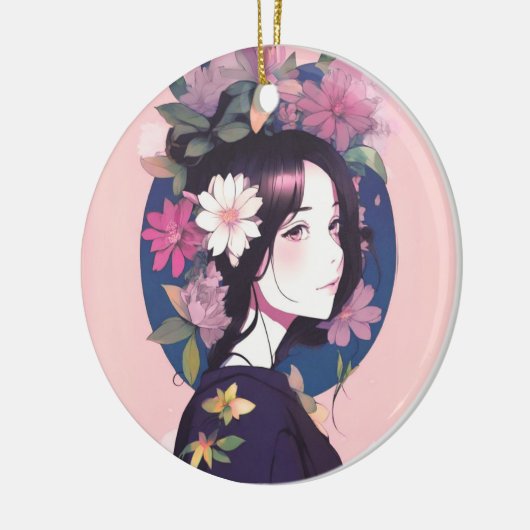 Schönes Anime Girl gekrönt mit Blume Keramik Ornament (Links)