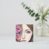 Schönes Anime Girl mit Blume Quadratische Visitenkarte (Stehend Vorderseite)