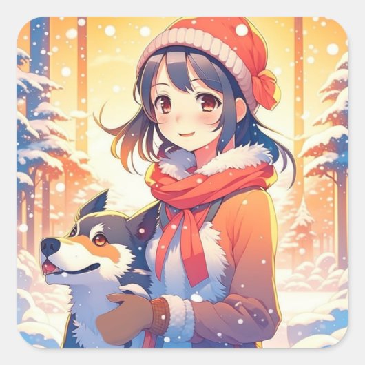 Schönes Anime Girl mit Husky Dog Weihnachten Quadratischer Aufkleber (Vorderseite)