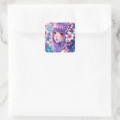 Schönes Anime Girl mit Lila Haar Quadratischer Aufkleber (Tasche)