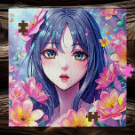 Schönes Anime Girl und Blume Puzzle<br><div class="desc">Hübsche lila und rosa Blume und animiertes Mädchen mit auffallenden Augen feminine Puzzle.</div>