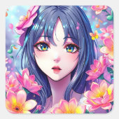 Schönes Anime Girl und Blume Quadratischer Aufkleber (Vorderseite)