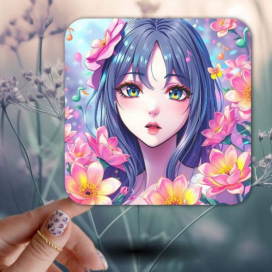 Schönes Anime Girl und Blume Quadratischer Aufkleber