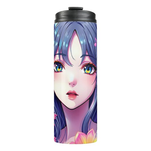 Schönes Anime Girl und Blume Thermosbecher (Vorderseite)