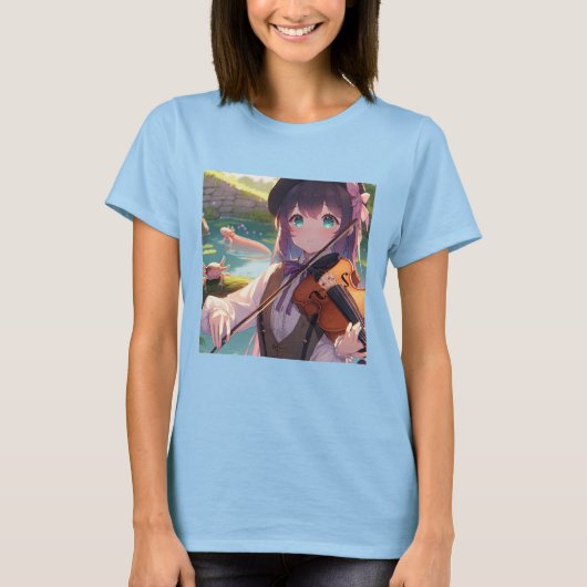 Schönes Anime Girl Violine T-Shirt (Vorderseite)
