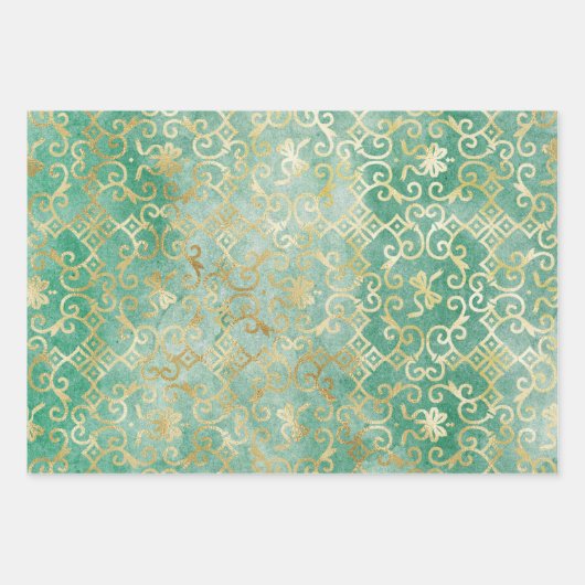 Schönes antikes Design, grün und gold Geschenkpapier Set (Vorderseite 2)