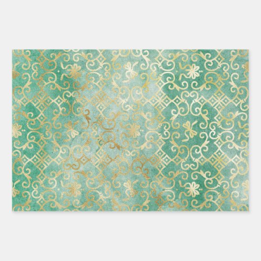 Schönes antikes Design, grün und gold Geschenkpapier Set (Vorderseite)