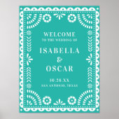 Schönes Aqua Papel Picado Wedding Willkommenszeich Poster (Vorne)