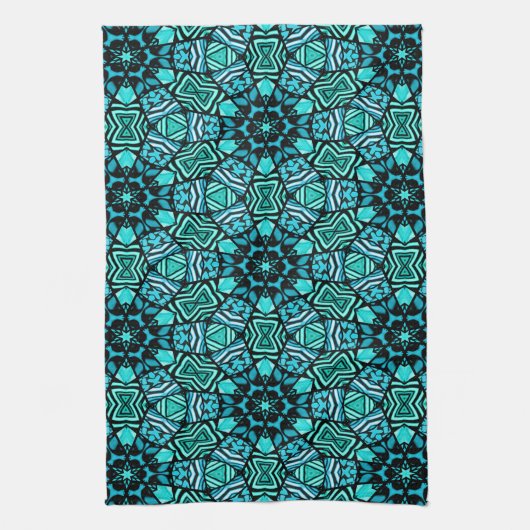 Schönes Aquamarines Aqua Türkis Ethnisches Mosaik Geschirrtuch (Vertikal)
