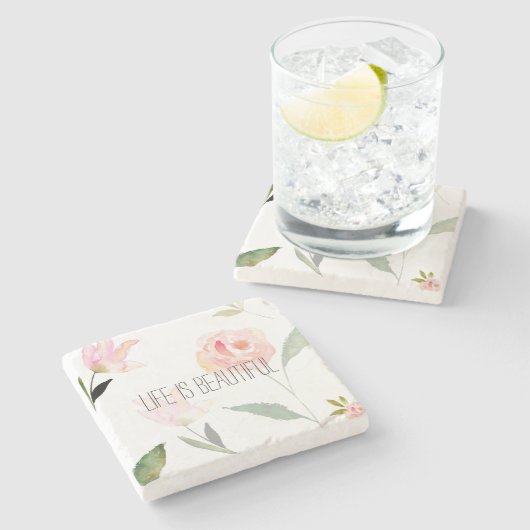 Schönes Aquarell Blütenrot Rosa Steinuntersetzer (Seitenansicht)