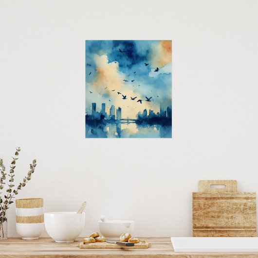Schönes Aquarellblau, flatternde Vögel Poster (Küche)