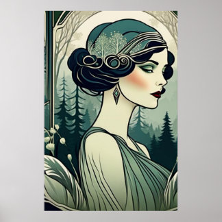 Schönes Art Deco 1920er Flapper Girl in Grün Poster