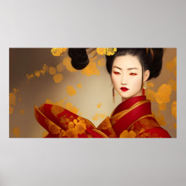Schönes asiatisches Mädchen geisha rotes Gold 2 Poster