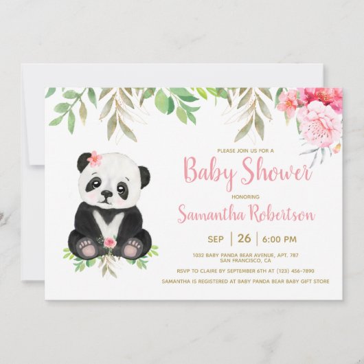 Schönes Bärenrot Rosa Blumenbraun Baby Dusche Foto Einladung (Vorderseite)