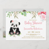 Schönes Bärenrot Rosa Blumenbraun Baby Dusche Foto Einladung (Vorne/Hinten)