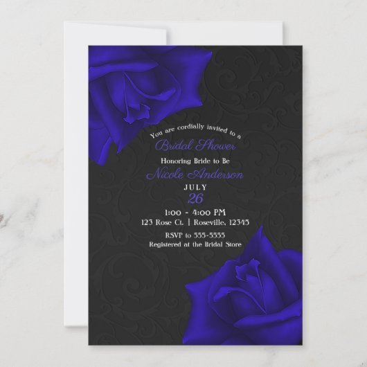 Schönes Black Texture Blue Rose Brautparty Einladung (Vorderseite)
