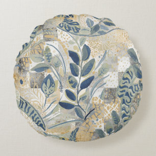 Schönes Blätter-Muster, Blau Gold Beige Rundes Kissen
