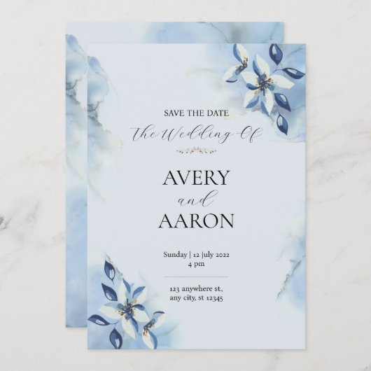 Schönes Blau Save the Date Hochzeitseinladung Einladung (Vorne/Hinten)