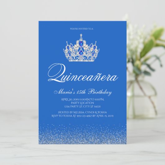 Schönes Blau und Silver Quinceanera Einladungen (Stehend Vorderseite)